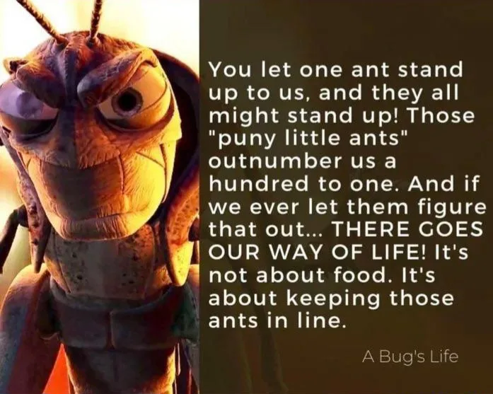 The image shows a close-up of the animated character Hopper from 'A Bug's Life', looking menacing and serious. Overlaid text…