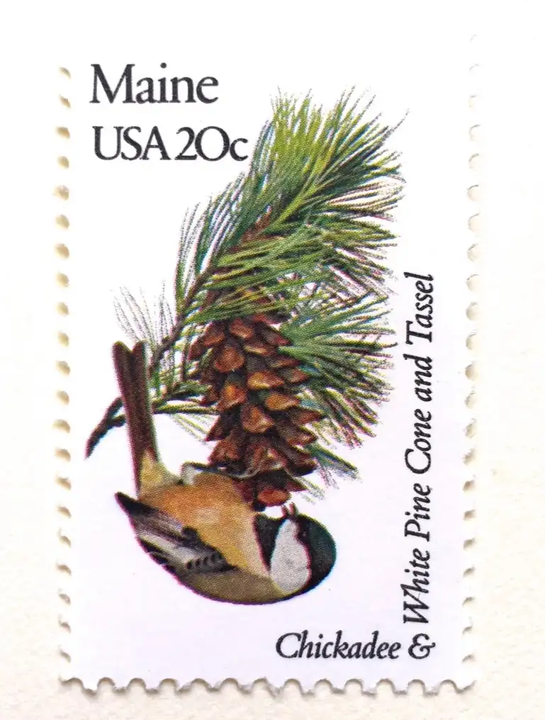 A U.S. postage stamp from Maine featuring a chickadee bird perched on a white pine cone and tassel, with text identifying…