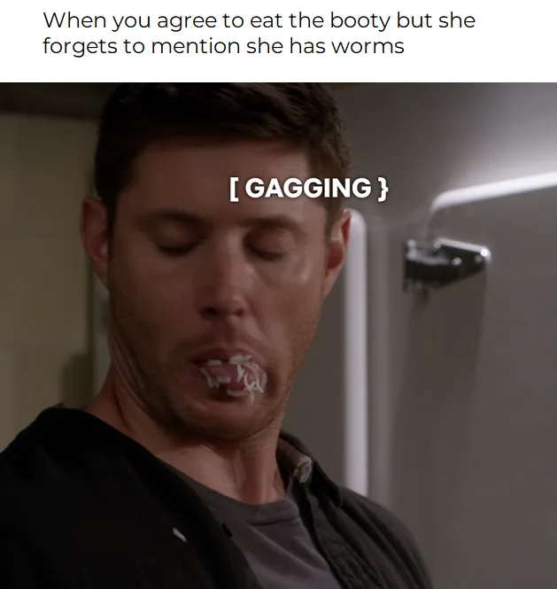 A man with his eyes closed and mouth open, visibly gagging, with white worms visibly protruding from his mouth. Text…