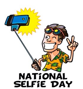 A cartoon man with sunglasses and a patterned shirt holds a selfie stick with a phone, smiling and making a peace sign. A…