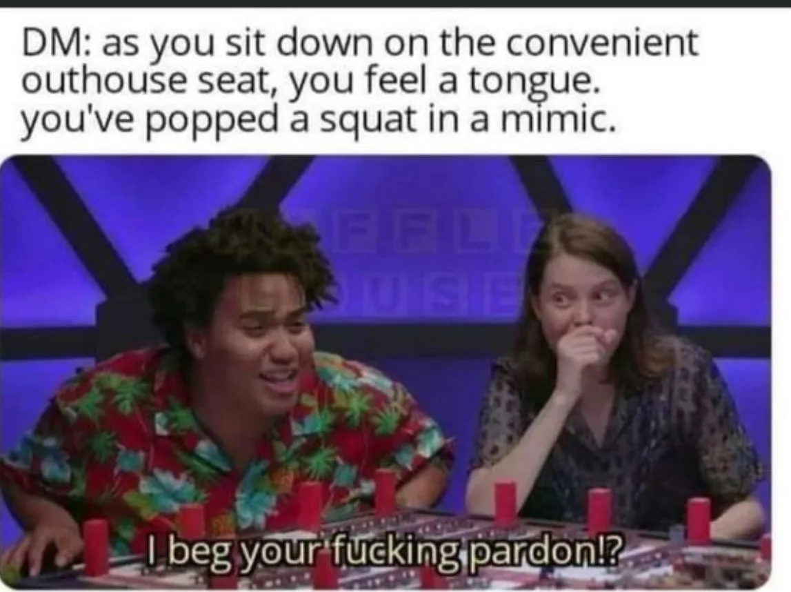 Two people sit at a game table with red tokens, reacting with shock and disbelief. The text above describes a bizarre…