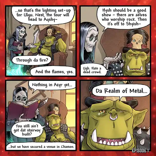 A four-panel comic strip featuring two undead characters, one skeletal and one green orc-like, planning a tour through…