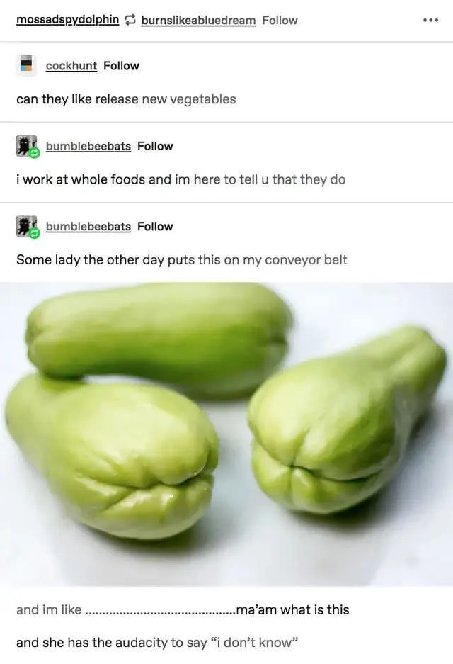 Three light green, wrinkled, pear-shaped vegetables resembling human feet are shown on a white surface. Overlaid text…