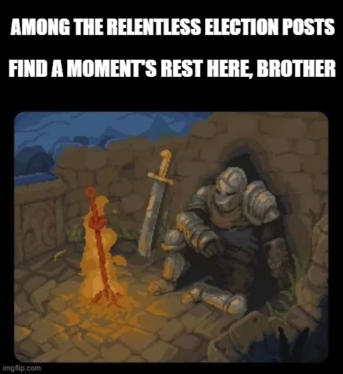A pixelated knight in full armor sits slumped against a stone wall next to a small campfire, appearing exhausted. A sword…