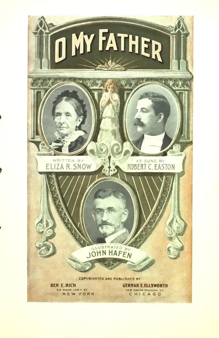 An antique sheet music cover for 'O My Father' features three portraits: a woman labeled 'written by Eliza R. Snow', a man…
