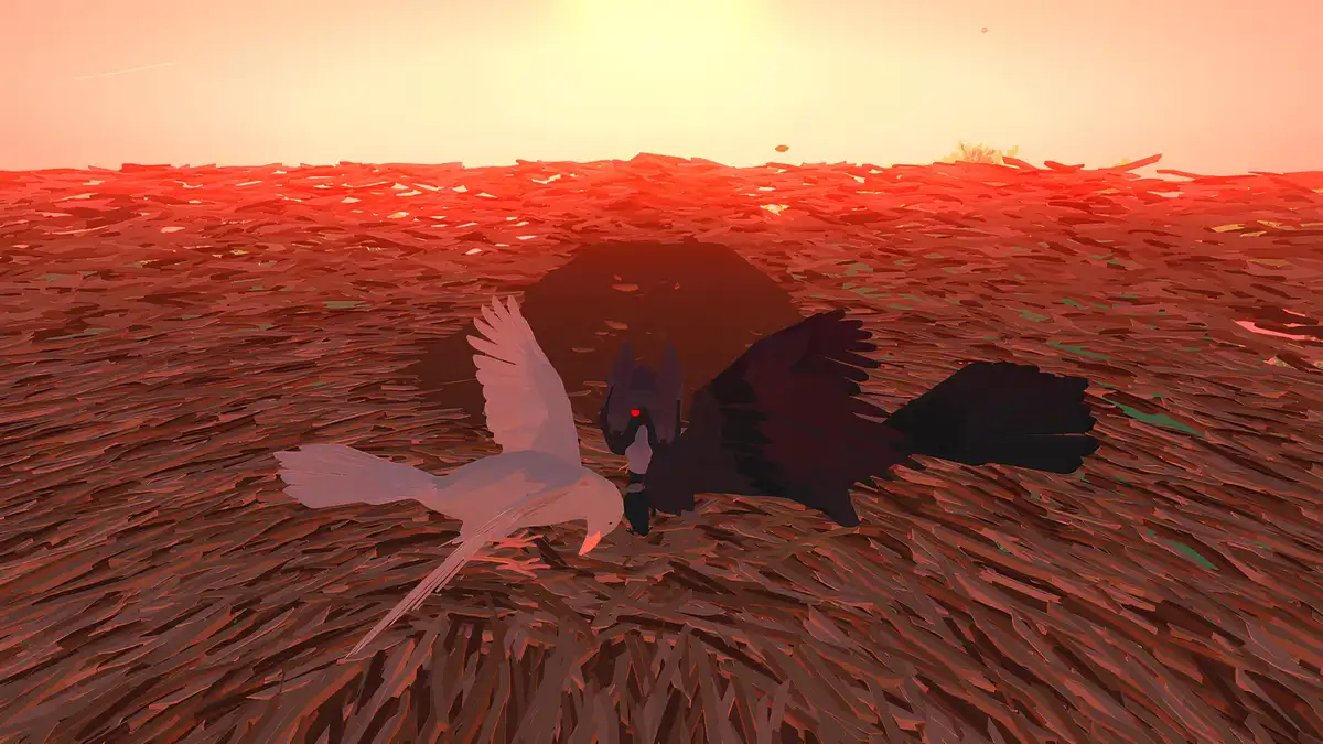 A stylized digital artwork depicts a white bird and a black bird standing in a field of red grass under a warm sunset sky…
