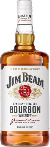 a clear bottle of jim beam bourbon whiskey with a white label featuring the brand name, a red seal, and text including 'the…