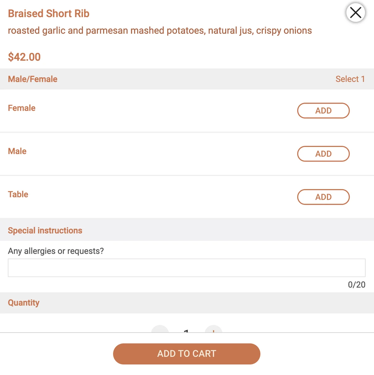 A restaurant order screen for a $42 braised short rib meal, but the options for selecting gender (Male/Female) and table are…