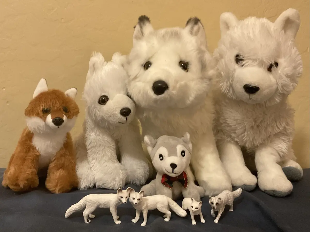 Check out my collection of plush and figures featuring arctic and red foxes!