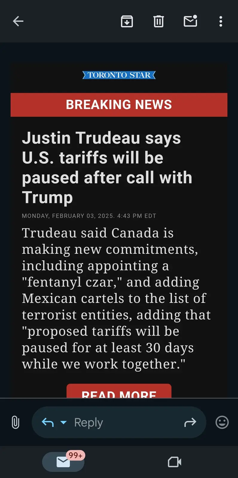 A screenshot of a Toronto Star breaking news article from February 3, 2025, reporting that Justin Trudeau announced U.S…