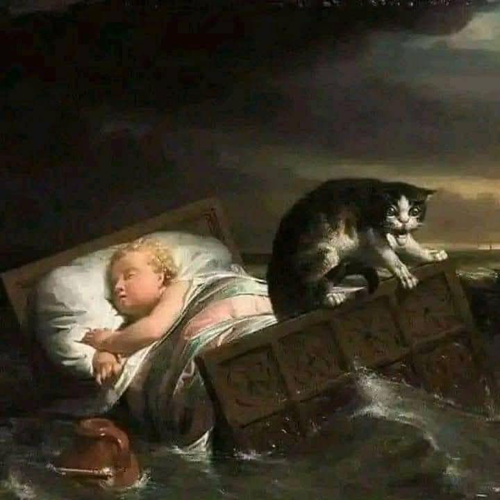 a classical painting depicts a sleeping child in a wooden bed floating in turbulent water, while a black-and-white cat…