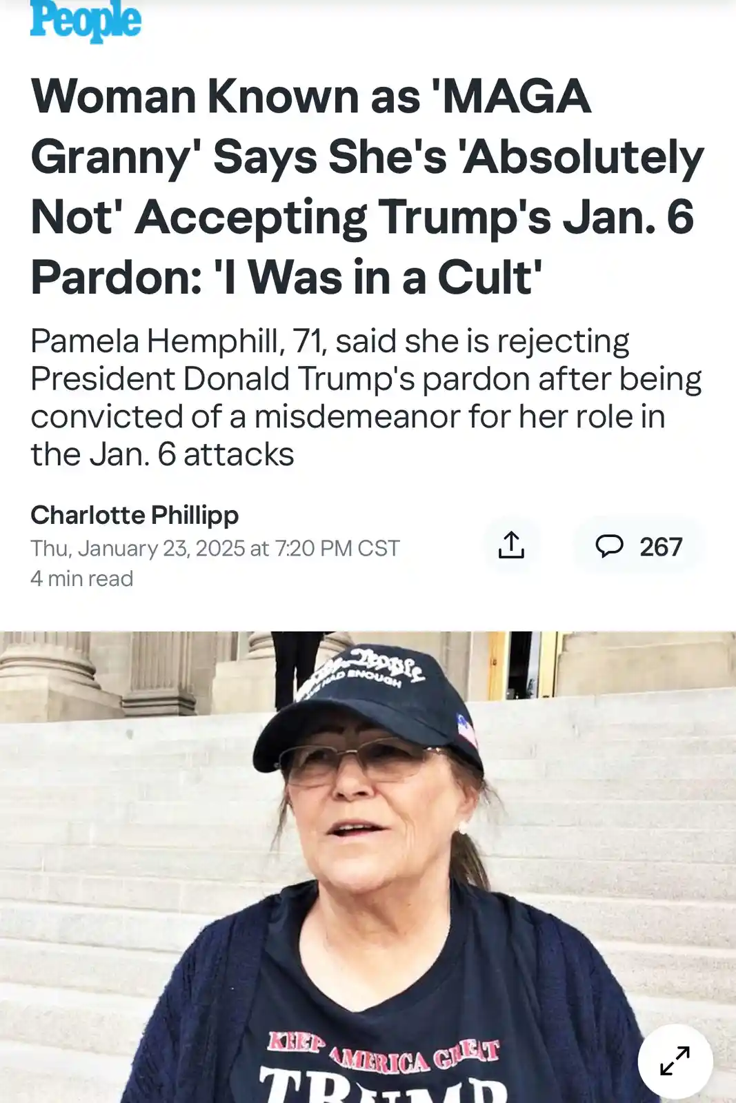A screenshot of a People magazine article features Pamela Hemphill, a woman known as 'MAGA Granny,' wearing a 'Keep America…
