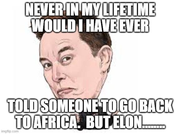 A cartoon-style illustration of Elon Musk with a skeptical, slightly annoyed expression. The image has bold white text with…