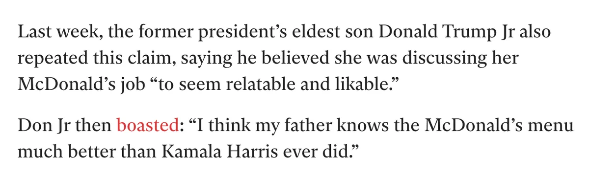 The image displays a block of black text on a white background, quoting Donald Trump Jr. claiming Kamala Harris discussed…