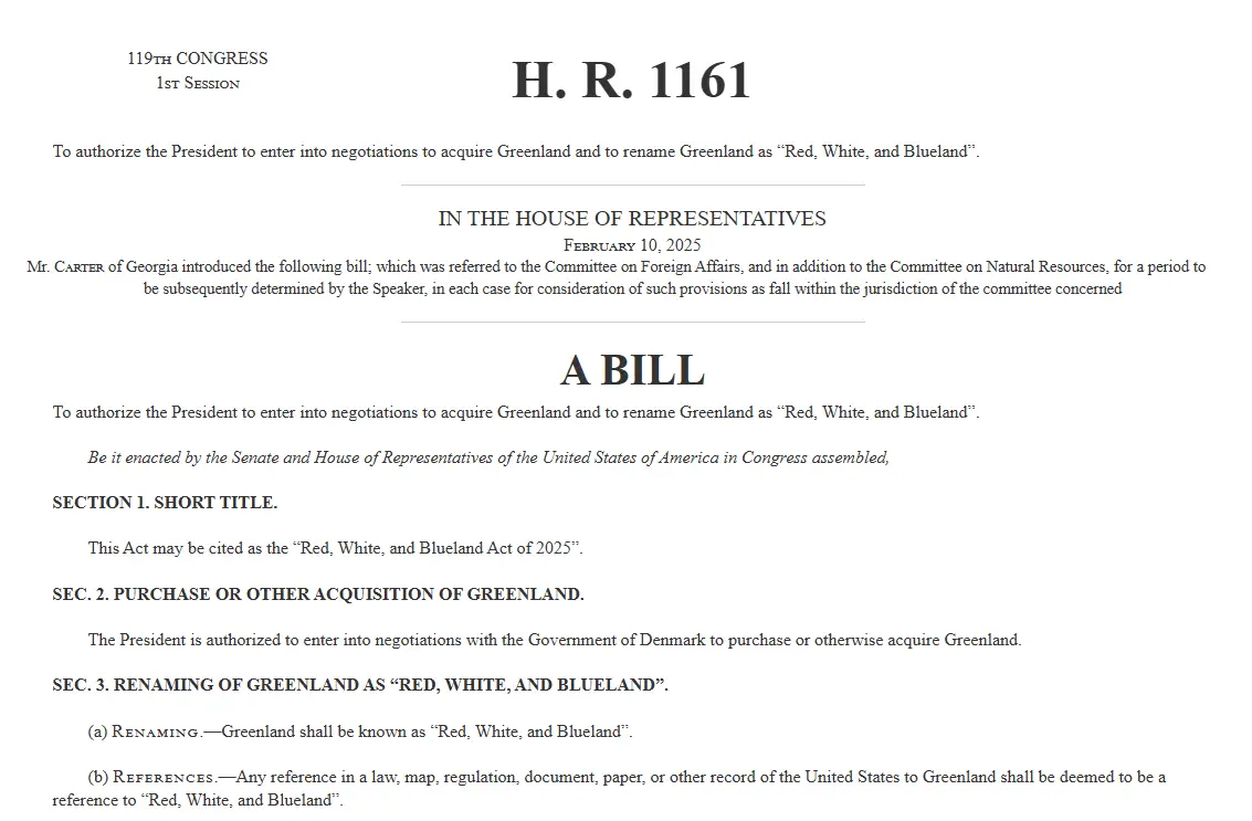 The image displays a mock U.S. House bill titled H.R. 1161, dated February 10, 2025, introduced by Mr. Carter of Georgia…