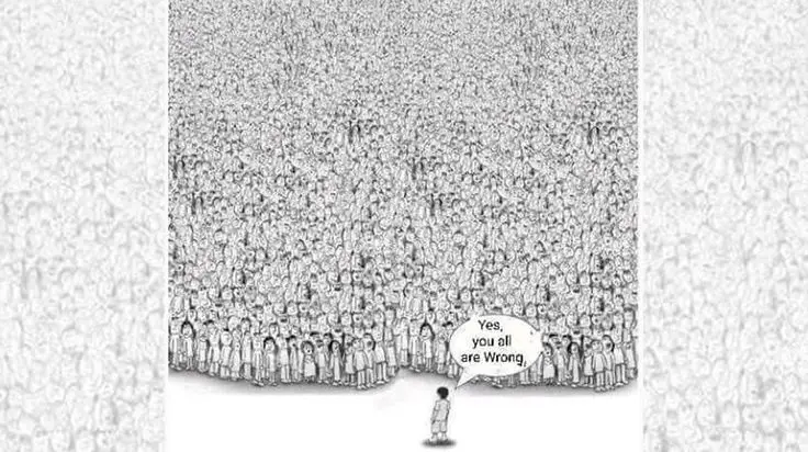 A small, solitary figure stands before a vast, densely packed crowd of identical-looking people, all facing forward. The…
