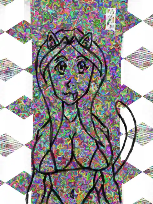 A simple black outline drawing of a human-like figure with cat ears and a tail, set against a psychedelic, rainbow-colored…