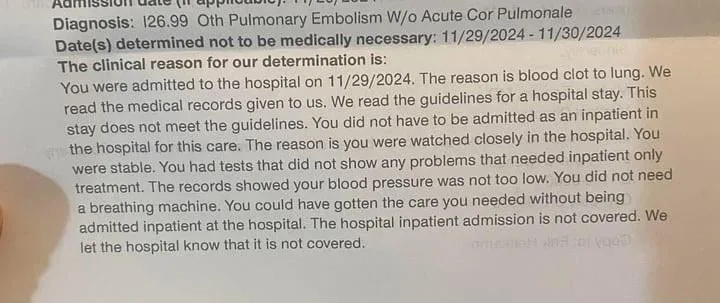 A close-up photo of a medical document, likely an insurance denial letter, detailing a patient's admission for a pulmonary…