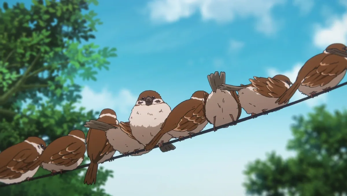 An anime-style image shows a line of brown and white sparrows perched on a wire against a blue sky with green trees. One…