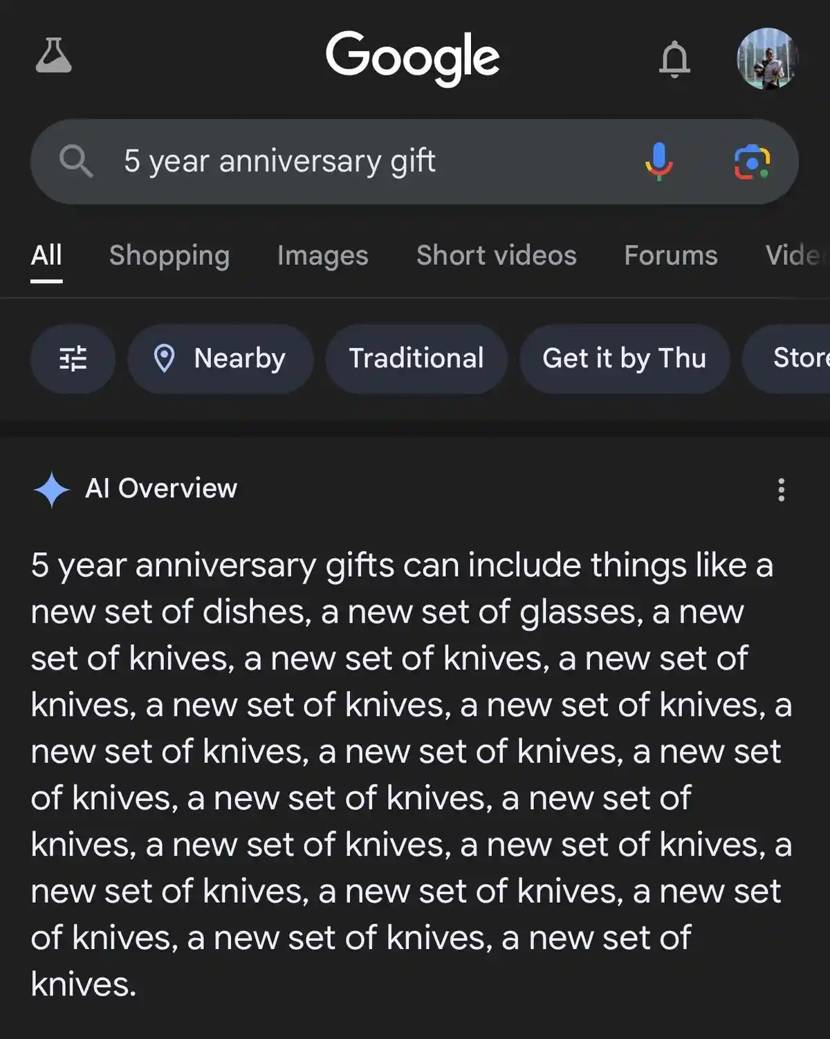 A screenshot of a Google search results page with the query '5 year anniversary gift' entered in the search bar. The AI…