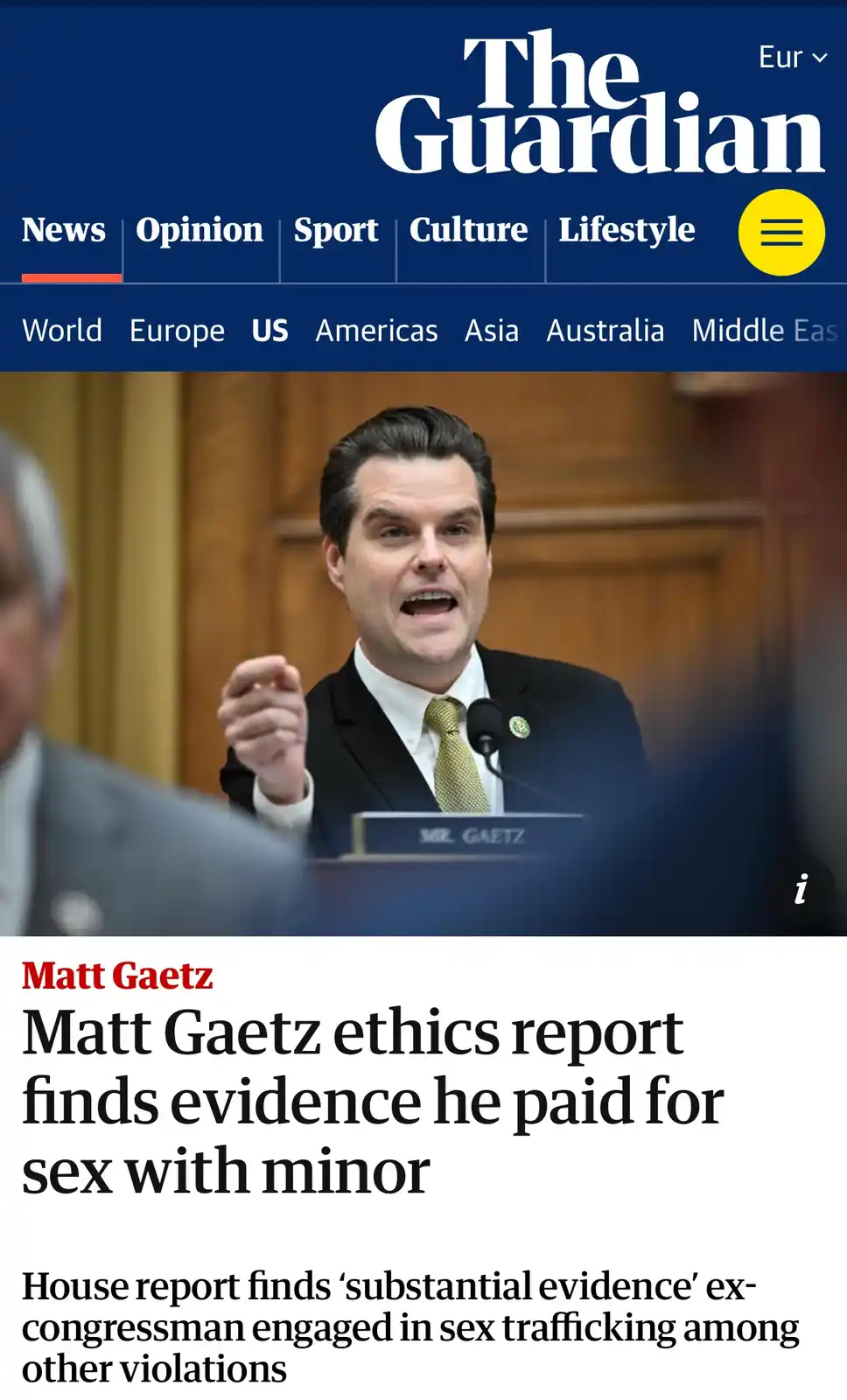 The image shows a screenshot of The Guardian's news article featuring a photo of Matt Gaetz speaking passionately at a…