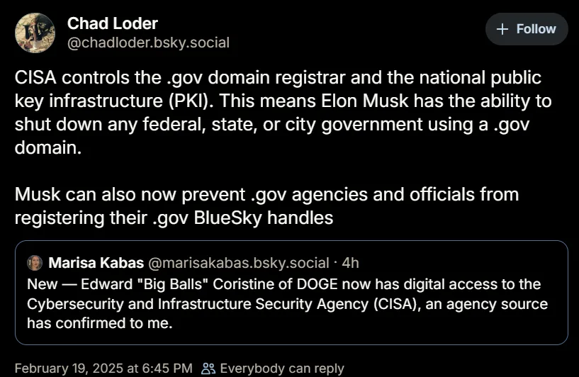 A screenshot of a Bluesky social media post by Chad Loder, which claims Elon Musk can shut down government websites and…