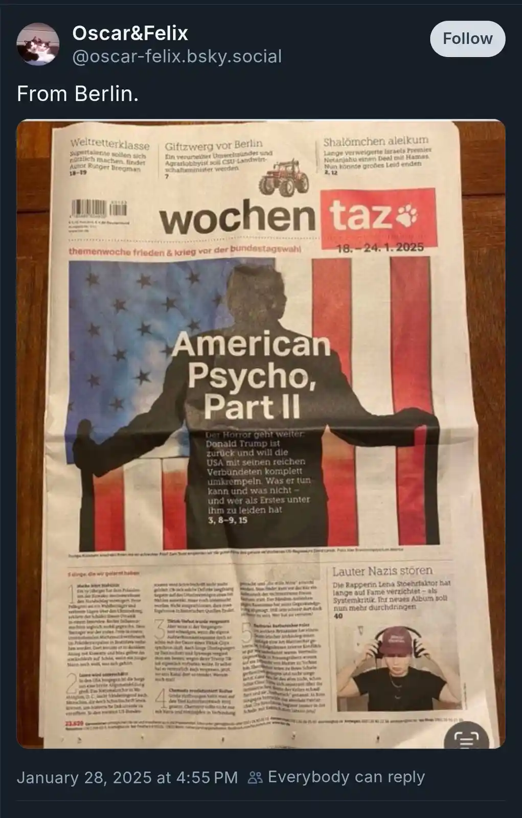 A German newspaper, 'wochen taz', dated January 18-24, 2025, features a front page with a large graphic of a man's…