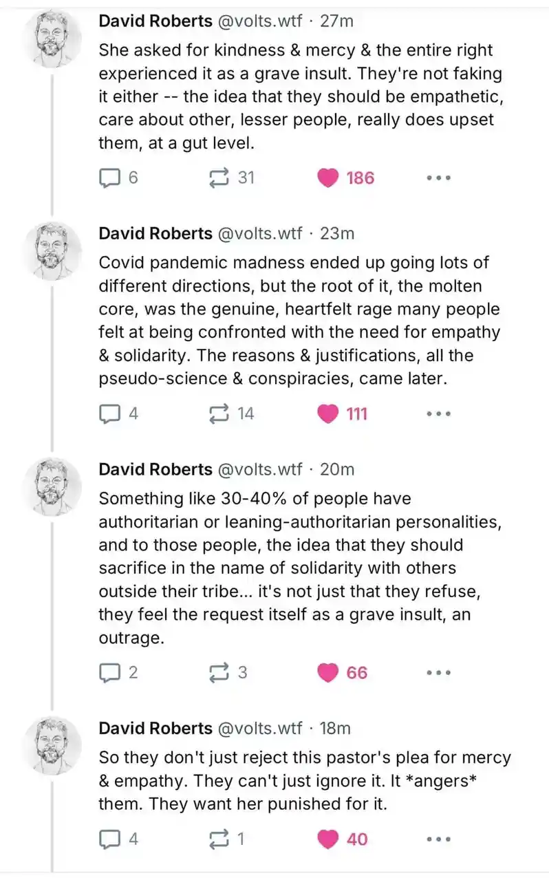The image displays four consecutive tweets from David Roberts @volts.wtf, each timestamped and showing engagement metrics…