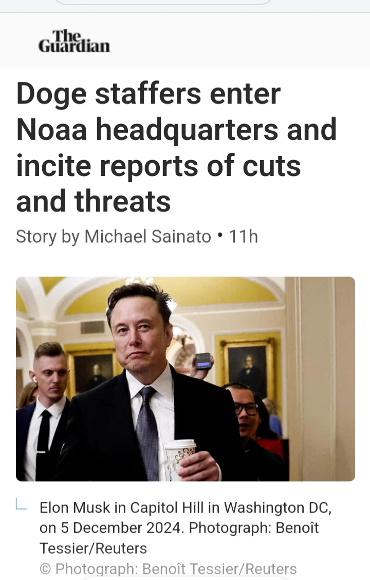 A screenshot of a The Guardian news article with a headline about 'Doge staffers' entering NOAA headquarters. The image…