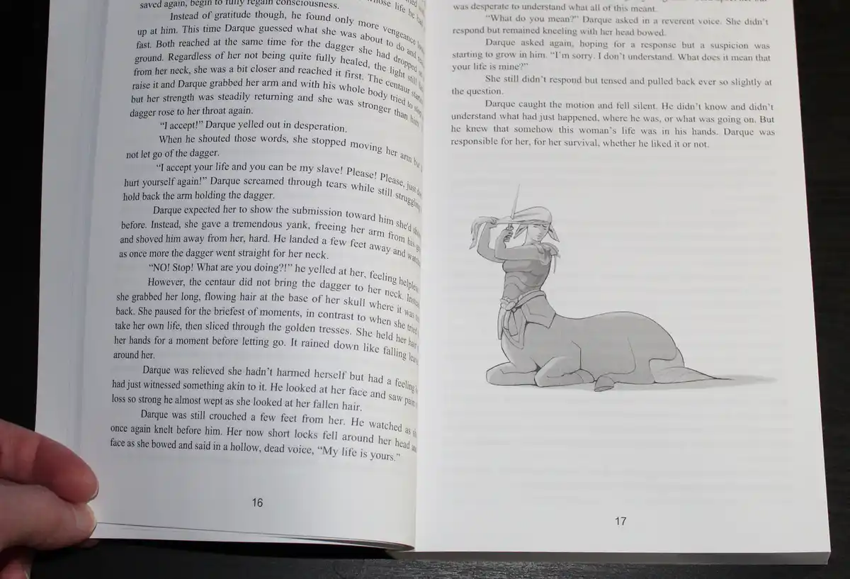 An open book shows a page with text describing a character named Darque pleading with a centaur woman to accept her life…