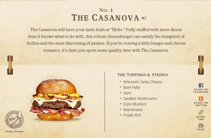 An advertisement for 'The Casanova' burger from 'Outdo Ordinary' features a large, stacked cheeseburger with multiple…