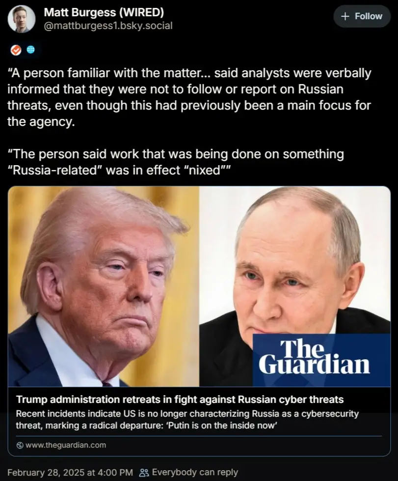The image shows a side-by-side photo of Donald Trump and Vladimir Putin. Overlaid text from The Guardian reports that the…
