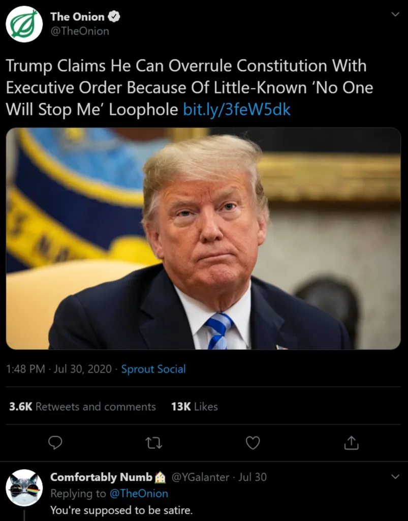 A screenshot of a tweet from The Onion showing a photo of Donald Trump looking serious, with overlaid text claiming he can…