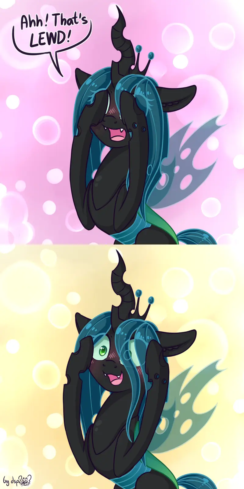 The image shows a black, horned, winged creature with blue hair and fangs in two panels. In the top panel, against a pink…