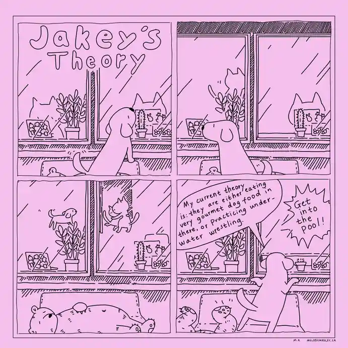 A four-panel comic strip in pink monochrome shows a dog named Jakey theorizing about why cats are not visible in the window…