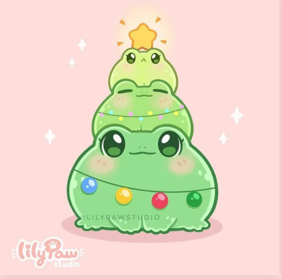 A cute, green, cartoon frog is shaped like a Christmas tree, with three stacked frog heads forming the tree's tiers. The top…