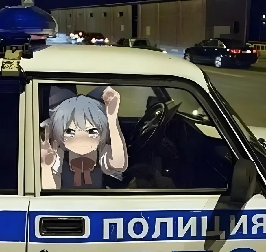 A police car with 'полиция' written on the side is shown at night, and an anime girl with grey hair is digitally pasted into…