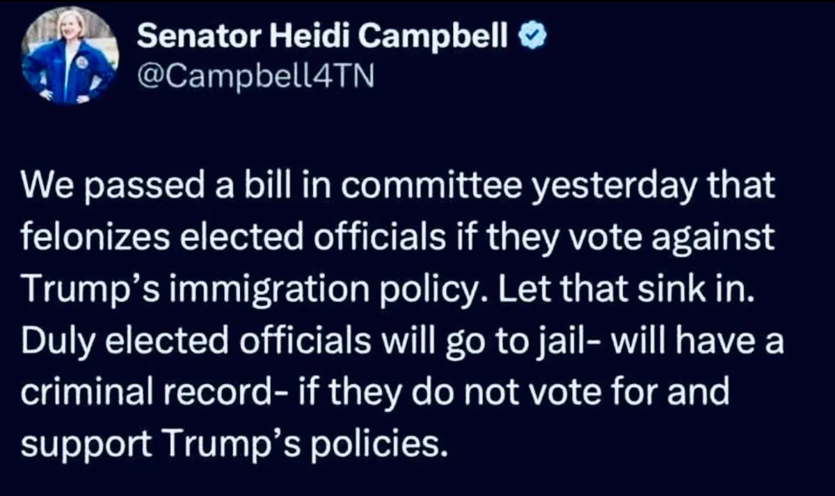 A screenshot of a tweet from Senator Heidi Campbell (@Campbell4TN) announcing a bill that would criminalize elected…