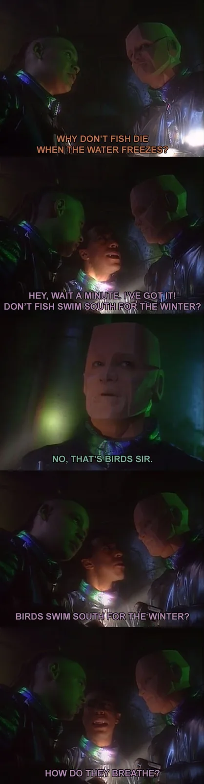 A four-panel meme from 'The Matrix' featuring three characters in dark, green-lit environments. The first panel shows a…