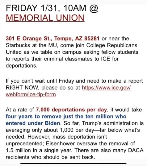 A screenshot of a flyer for a College Republicans event at Memorial Union on Friday, January 31, 10 AM, inviting students to…