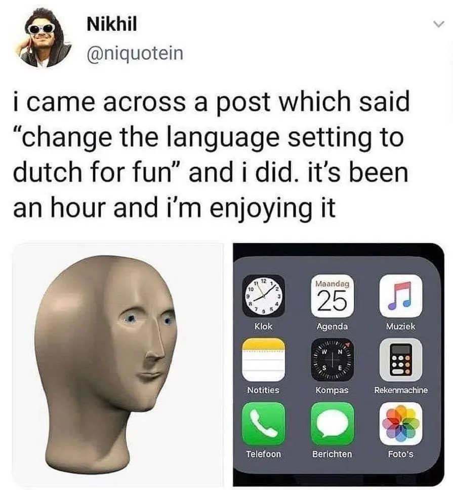 The image shows a split-screen: on the left, a plain mannequin head with a neutral expression; on the right, an iPhone home…