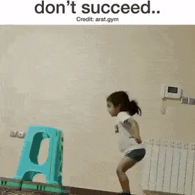 A sequence of six panels shows a young girl attempting to jump onto a green plastic stool. She runs, leaps, and lands on her…