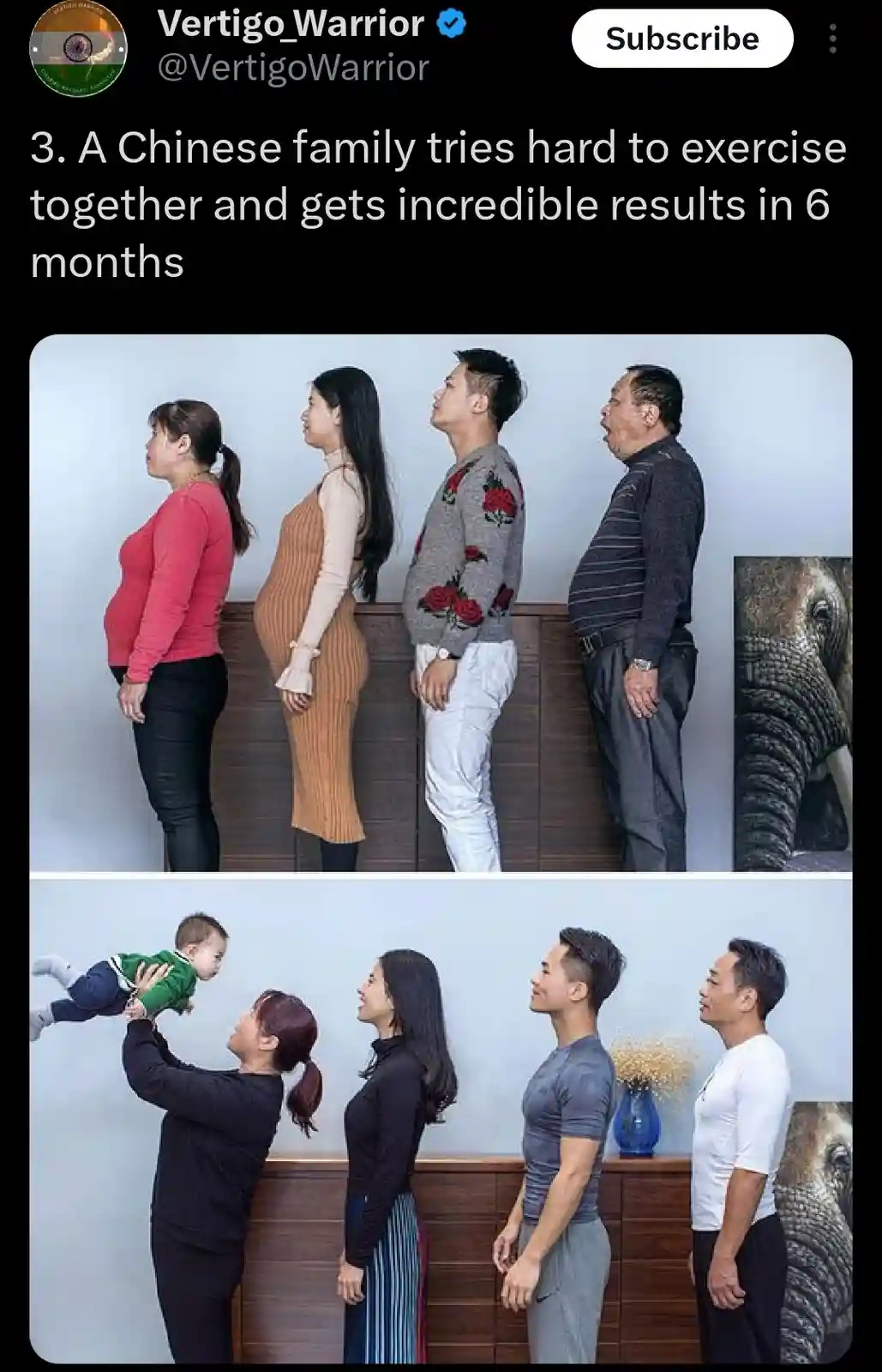 Two photos show a Chinese family of four standing side-by-side in profile. The top photo shows them with noticeable belly…