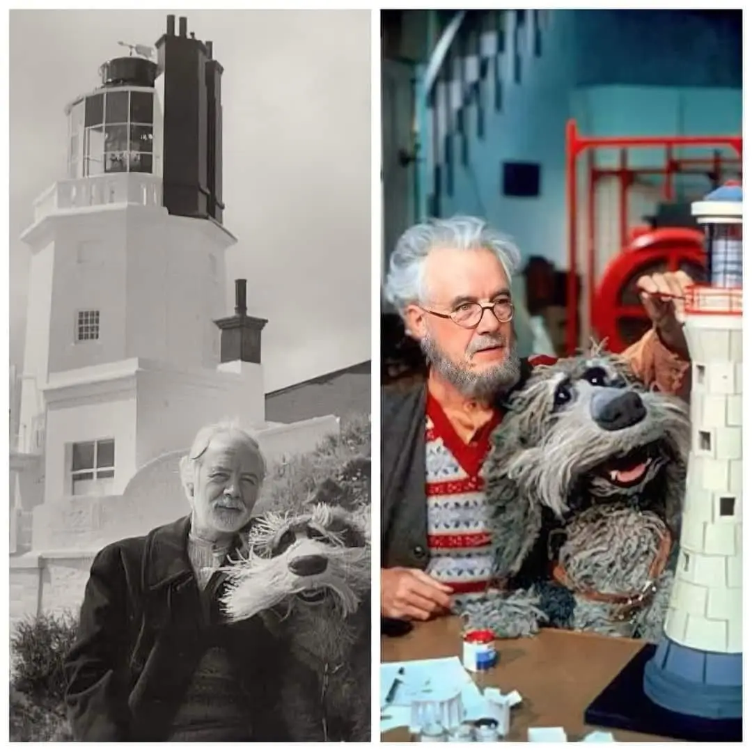 The image is a side-by-side comparison: on the left, an older man with a white beard stands beside a furry puppet in front…