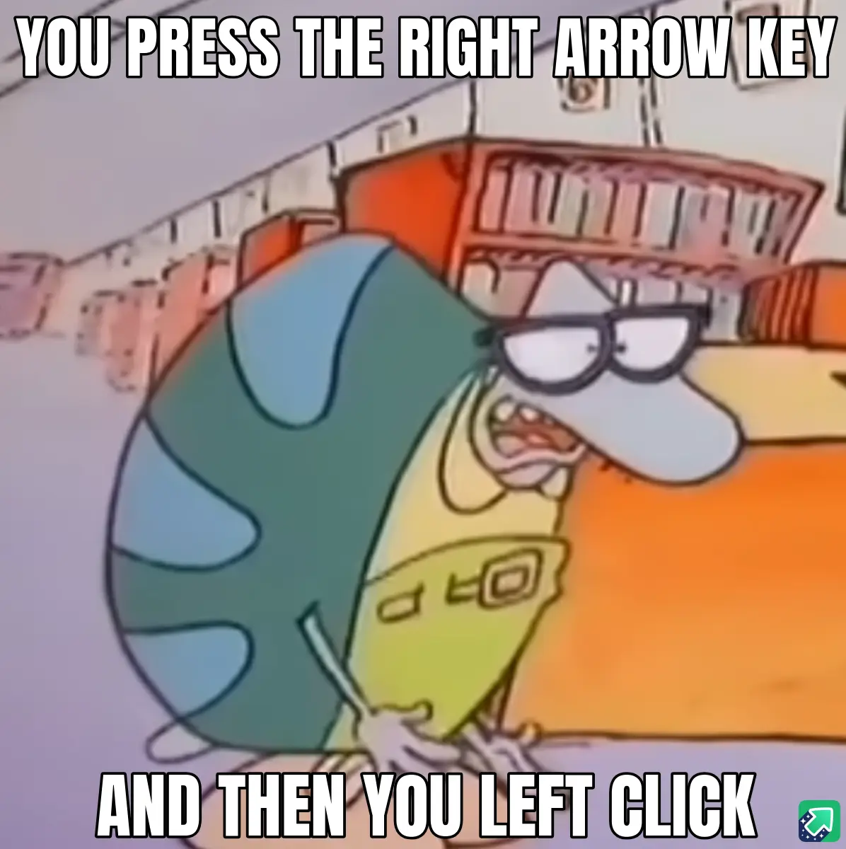 A cartoon character with glasses and a green-striped shirt looks frustrated while sitting at a desk. The overlaid text reads…