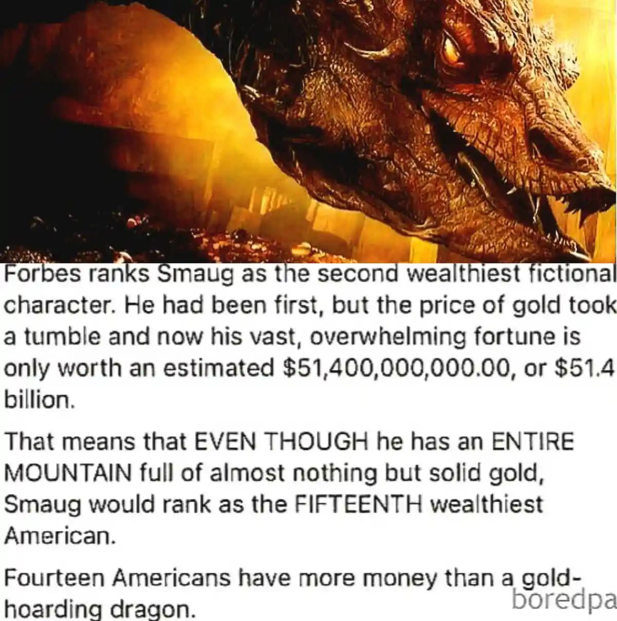 The image shows a close-up of the dragon Smaug from 'The Hobbit' films, with his head and upper body visible, looking down…