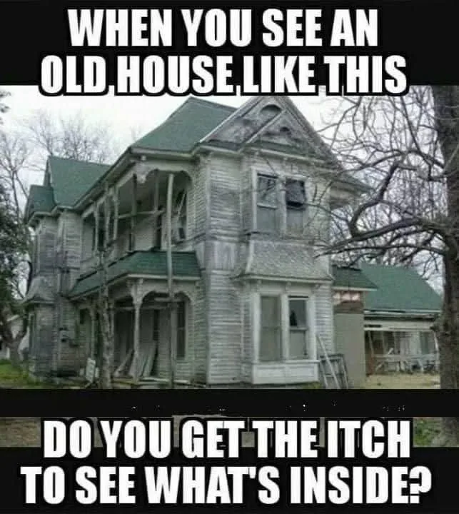 A dilapidated, two-story wooden house with peeling paint, broken windows, and a sagging porch is shown. The text overlaid in…