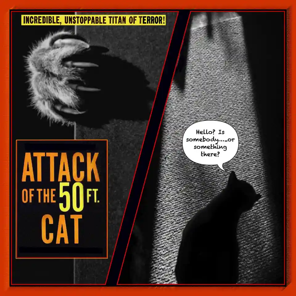 The image is split into two panels with a red border. The left panel shows a giant cat paw with claws and the text 'ATTACK…
