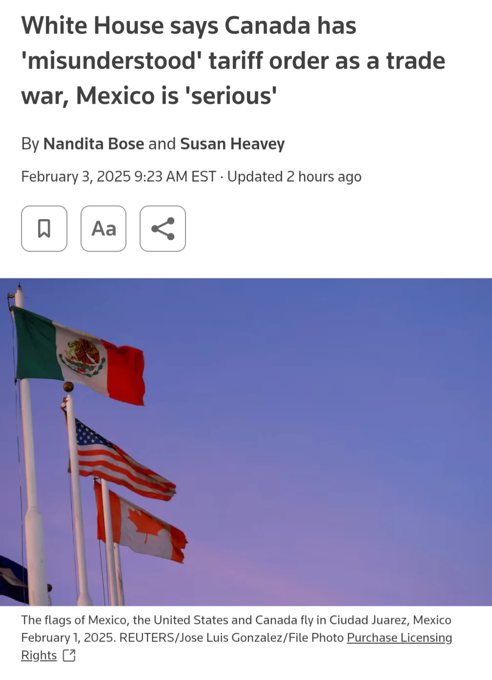 A news article screenshot shows the flags of Mexico, the United States, and Canada flying side-by-side against a twilight…