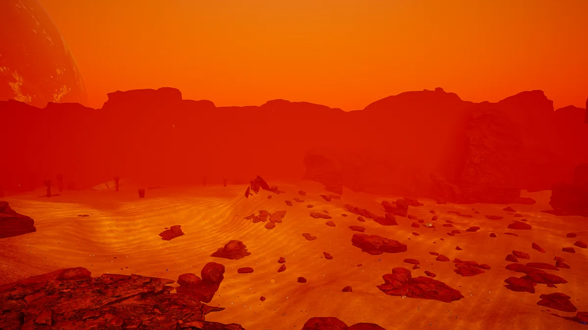 A desolate, reddish-orange alien landscape with rocky terrain, sand dunes, and a large planet visible in the sky. The entire…